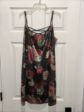 Black Floral Sequin Mini Dress with Strappy Back